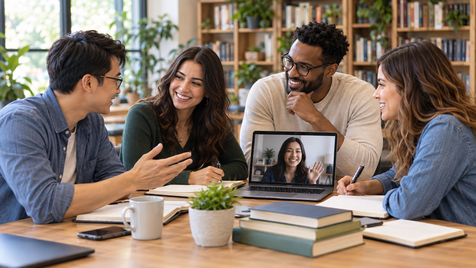 Adults studying and discussing with a remote participant in a library